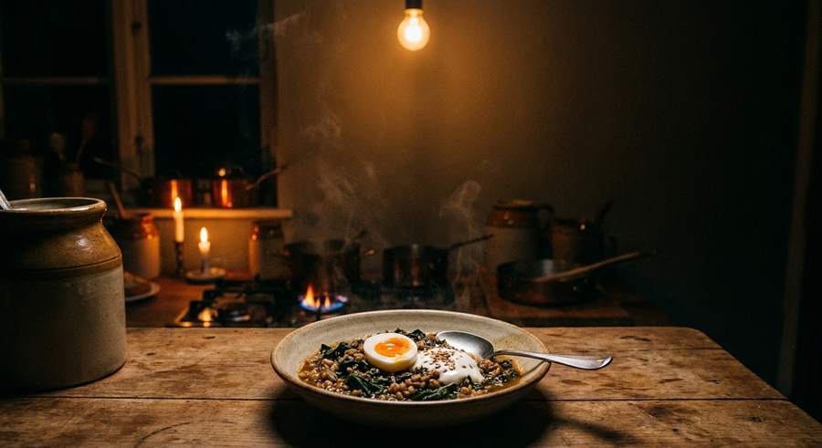 A bowl of rice, greens and a soft-boiled egg on a wooden table, lit by a bulb and a gas flame.