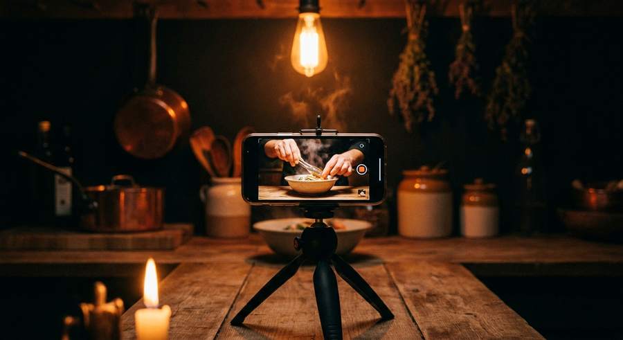 A phone on a small tripod framing a cook's hands finishing a bowl — the last step of a recipe, shot in a warm dark kitchen.
